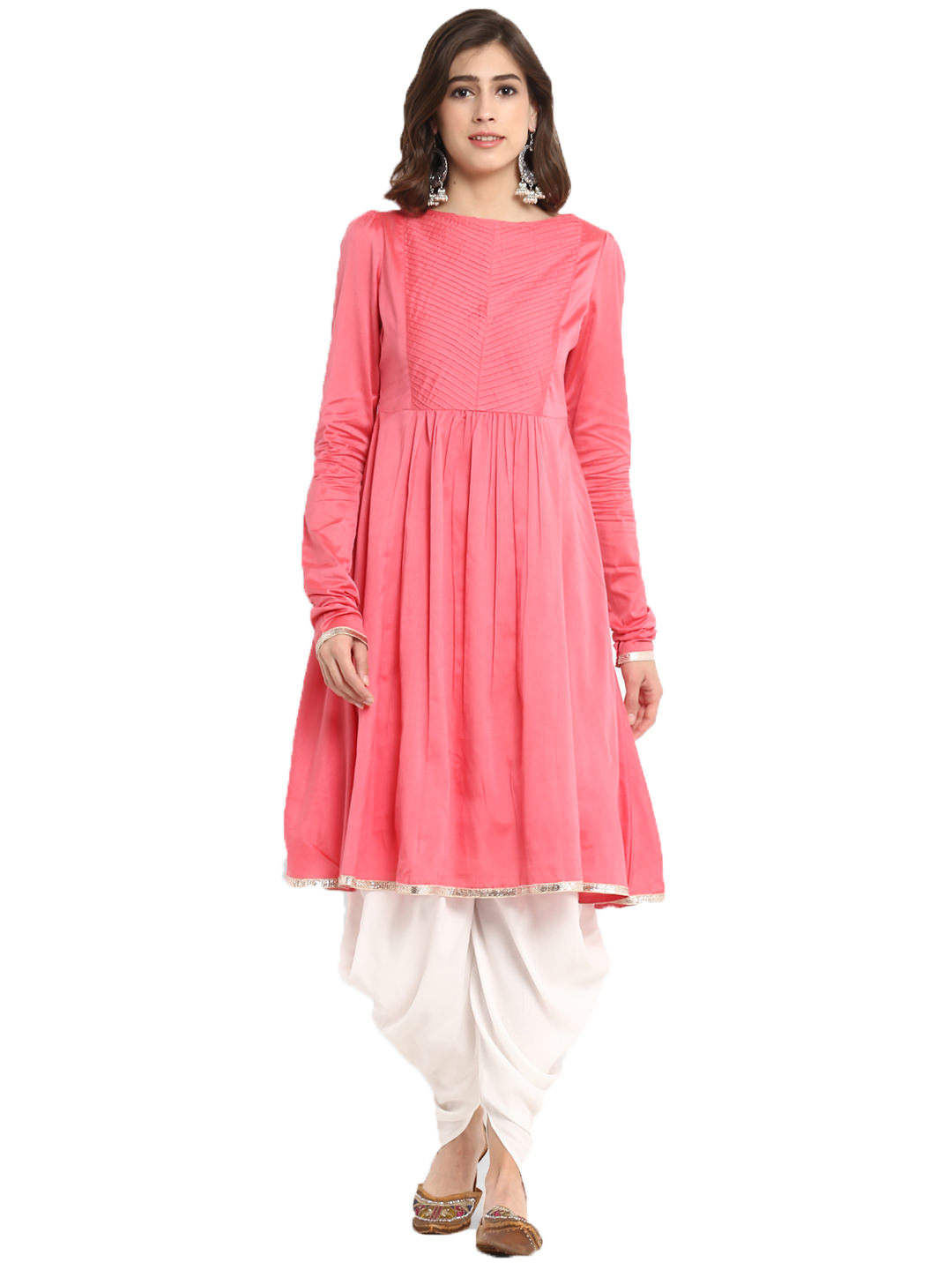 Siyani Pink Cotton Kurta And Dhoti Pants Set With Pin Tucks Work