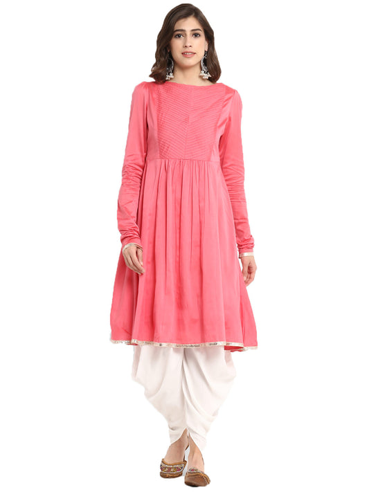 Siyani Pink Cotton Kurta And Dhoti Pants Set With Pin Tucks Work