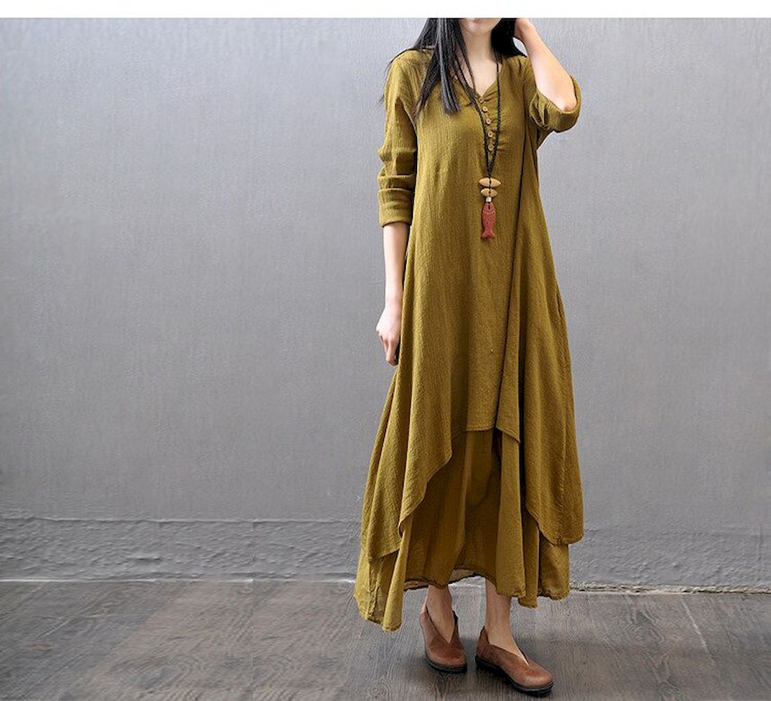 Mehendi Green Loose Casual Linen Long Dress - Siyani Clothing India