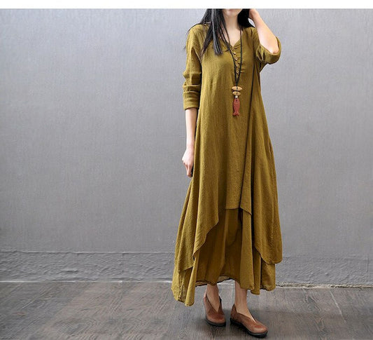Mehendi Green Loose Casual Linen Long Dress - Siyani Clothing India