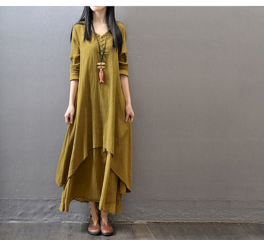Mehendi Green Loose Casual Linen Long Dress - Siyani Clothing India