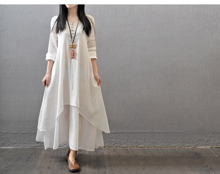 White Loose Casual Linen Long Dress - Siyani Clothing India