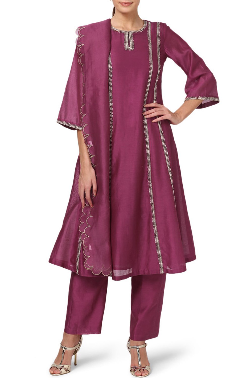 Wine Chanderi Kurta With Pants Siyani Clothing India