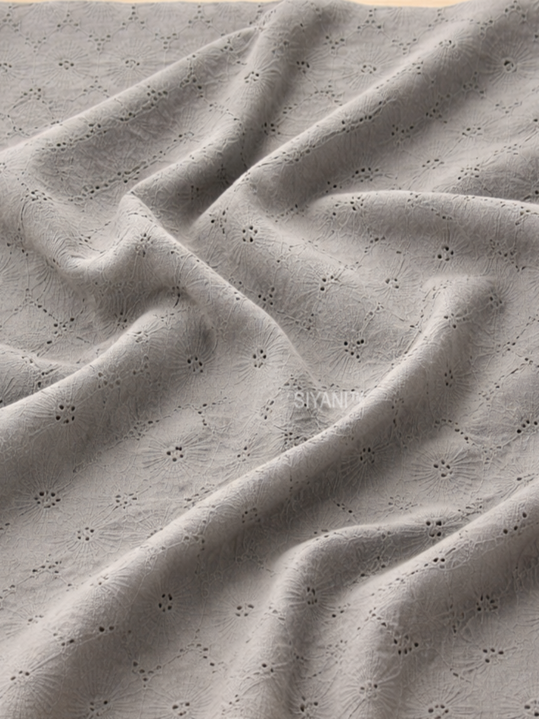 Grey flower pattern schiffli embroidered on pure cotton cambric