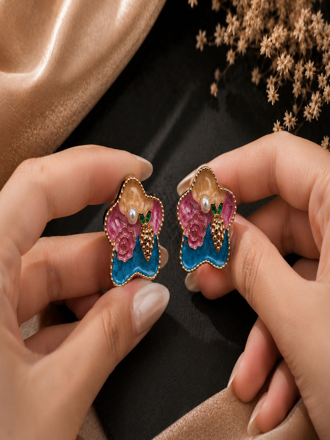 Shivora Blossom Berry Enamel Stud Earrings