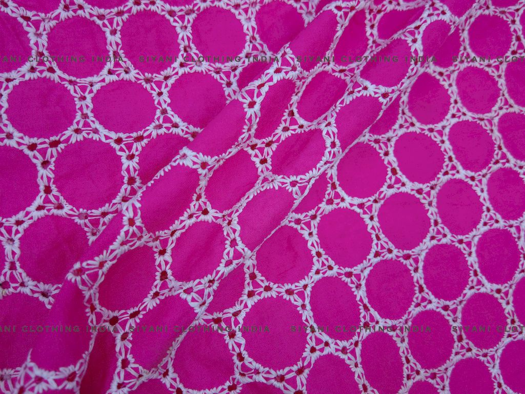 Rani Pink Football Pattern Schiffli Embroidered Fabric