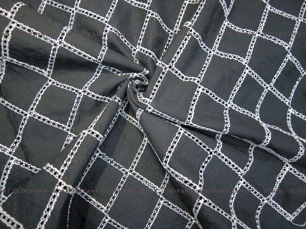 Siyani Black Diagonal Pattern Schiffli Embroidered Fabric