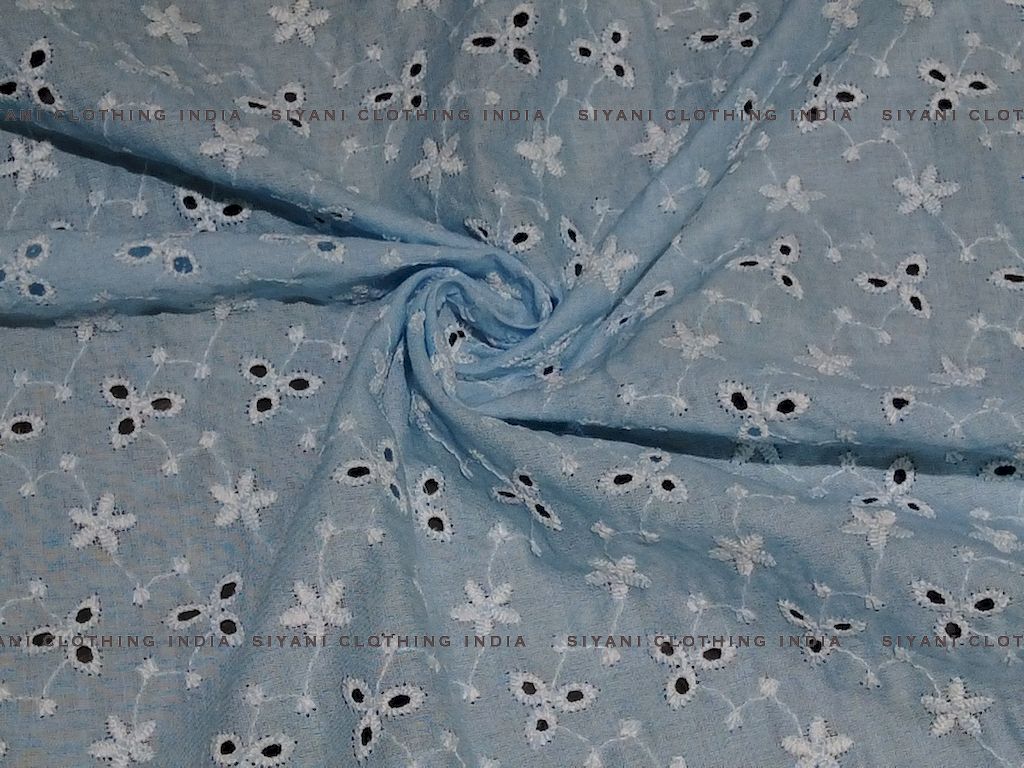 Siyani Sky Blue Floral Lacknavi Schiffli Embroidered Fabric