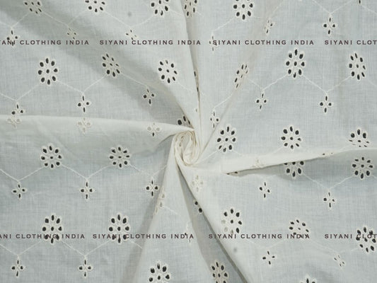 Siyani Kora Cotton Dyeable Floral Geomatrical Pattern Chikankari Embroidered Fabric