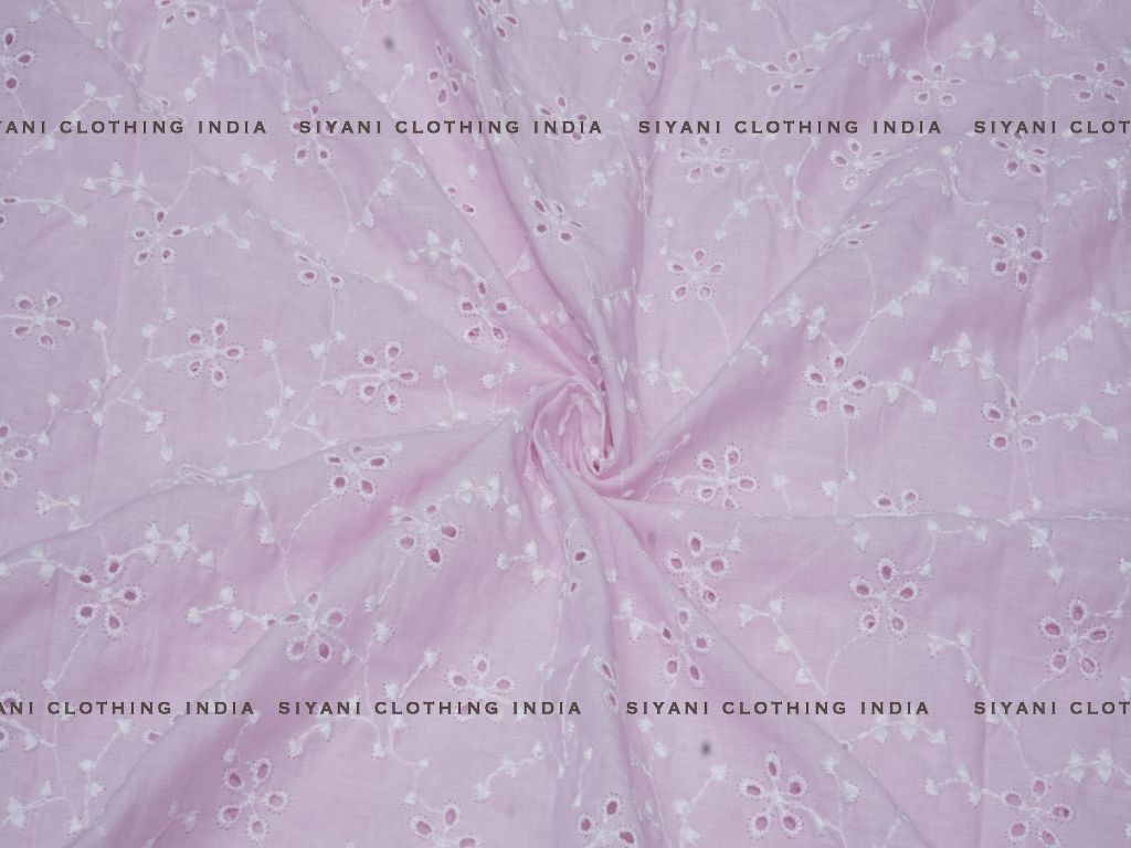 Siyani Light Pink Cotton Floral Leaf Design Chikankari Embroidered Fabric