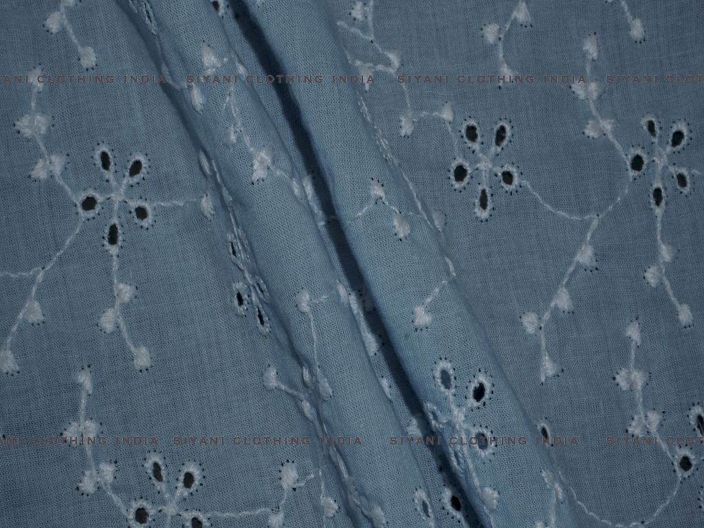 Sky Blue Cotton Floral Leaf Design Chikankari Embroidered Fabric