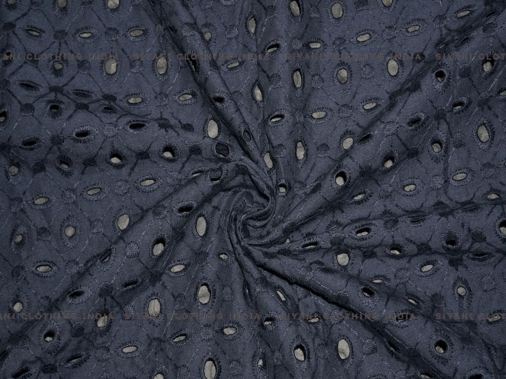 Siyani Navy Blue Cotton Floral Cutwork Chikankari Embroidered Fabric