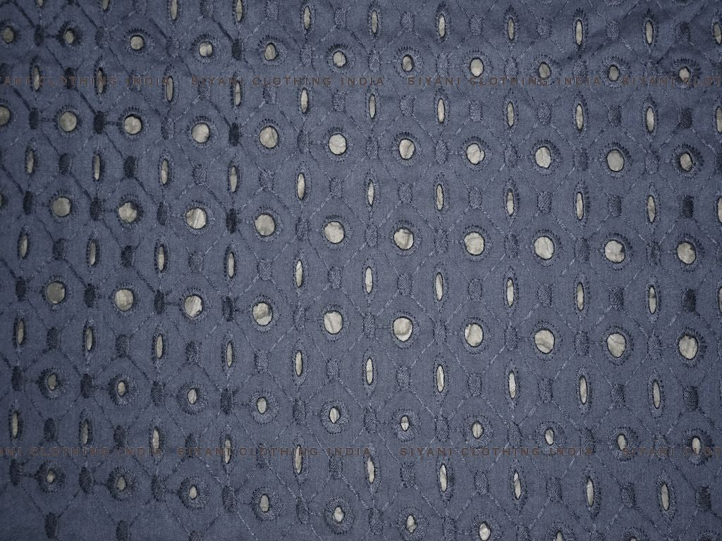Navy Blue Cotton Floral Cutwork Chikankari Embroidered Fabric