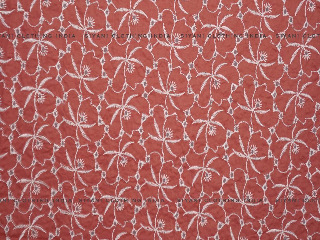 Coral Floral Cutwork Chikan Embroidered Fabric