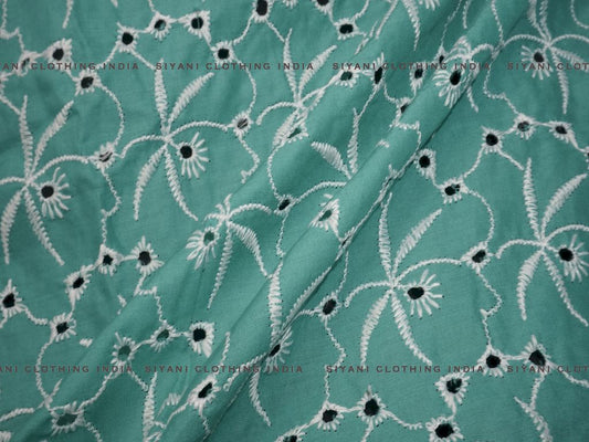 Teal Green Floral Cutwork Chikan Embroidered Fabric