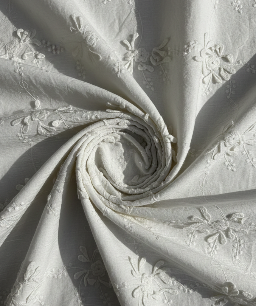 White 3d work Breeze Bloom Schiffli Embroidered fabrics