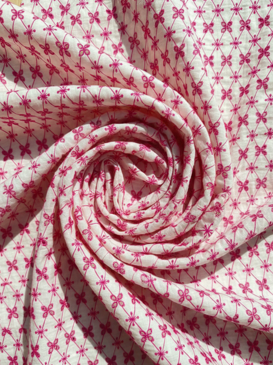 Pink Floral Threadwork Schiffli embroidery on cotton cambric Fabric