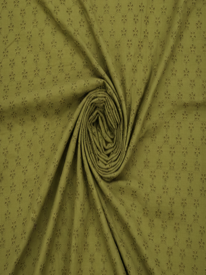 Olive green five hole pentagon schiffli fabric