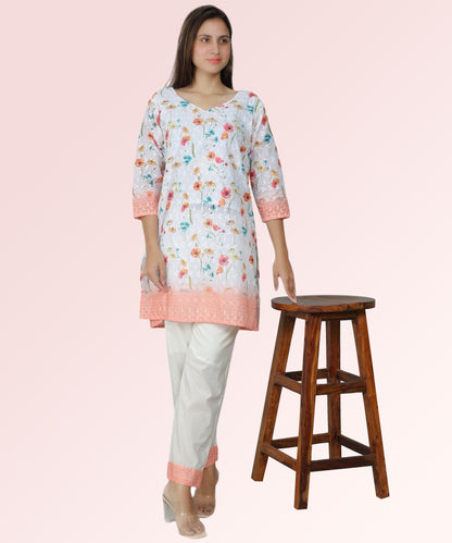 Siyani Peach Floral Print Chikan Embroidered Kurta Set