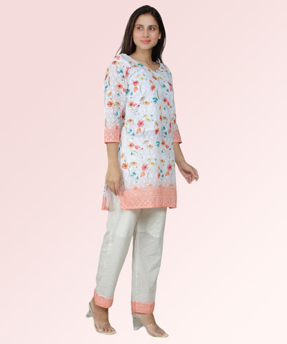 Peach Floral Print Chikan Embroidered Kurta Set