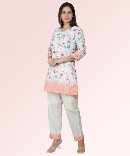 Peach Floral Print Chikan Embroidered Kurta Set