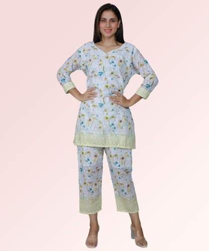 Light Green Floral Print Chikan Embroidered Kurta Set