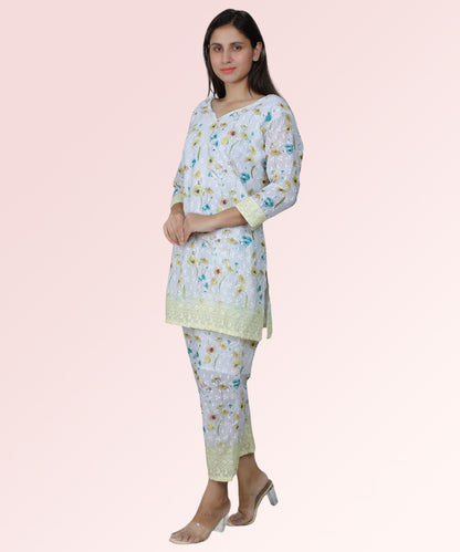 Light Green Floral Print Chikan Embroidered Kurta Set