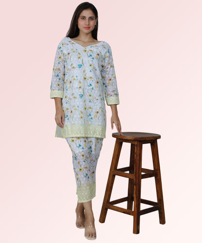 Siyani Light Green Floral Print Chikan Embroidered Kurta Set