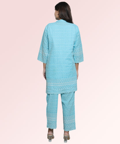 Sky Blue Schiffli Embroidered Co Ord set