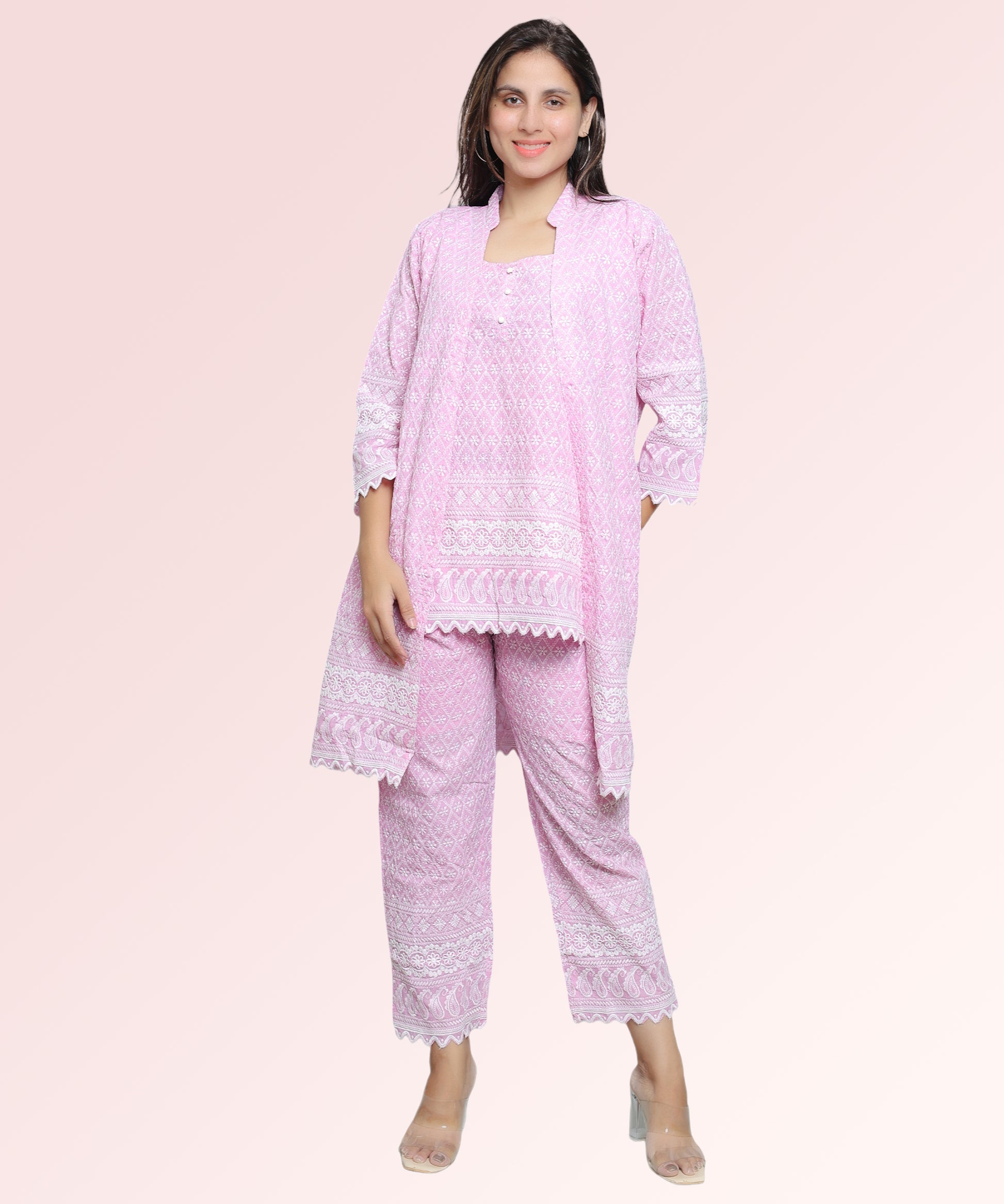 Siyani Floral Pink Schiffli Embroidered Co Ord set