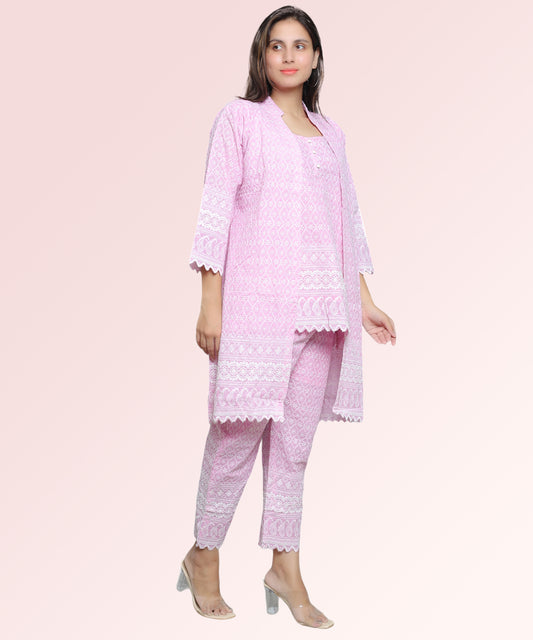 Floral Pink Schiffli Embroidered Co Ord set