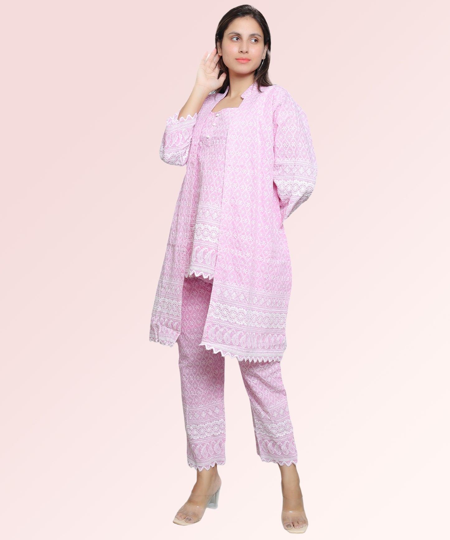 Floral Pink Schiffli Embroidered Co Ord set