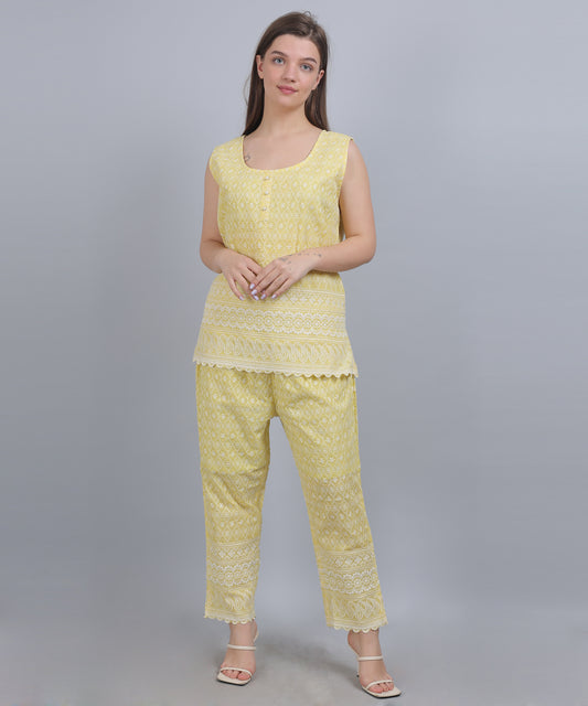 siyani Lemon Yellow Schiffli Embroidered Co Ord set