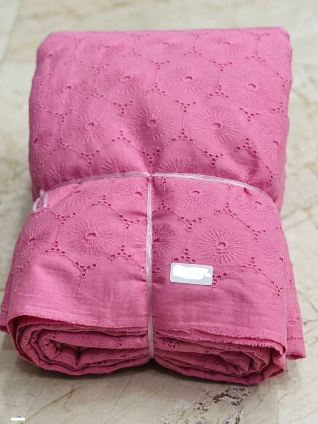 Pink Floral Eyelet Schiffli fabric