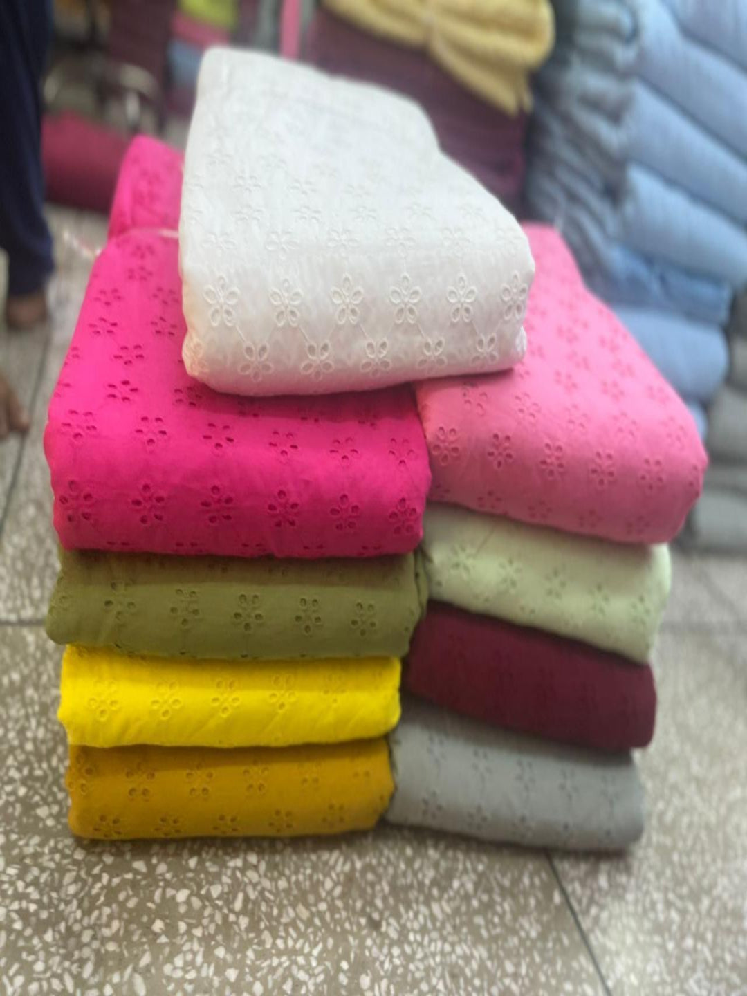 Majanta pink five hole pentagon schiffli fabric