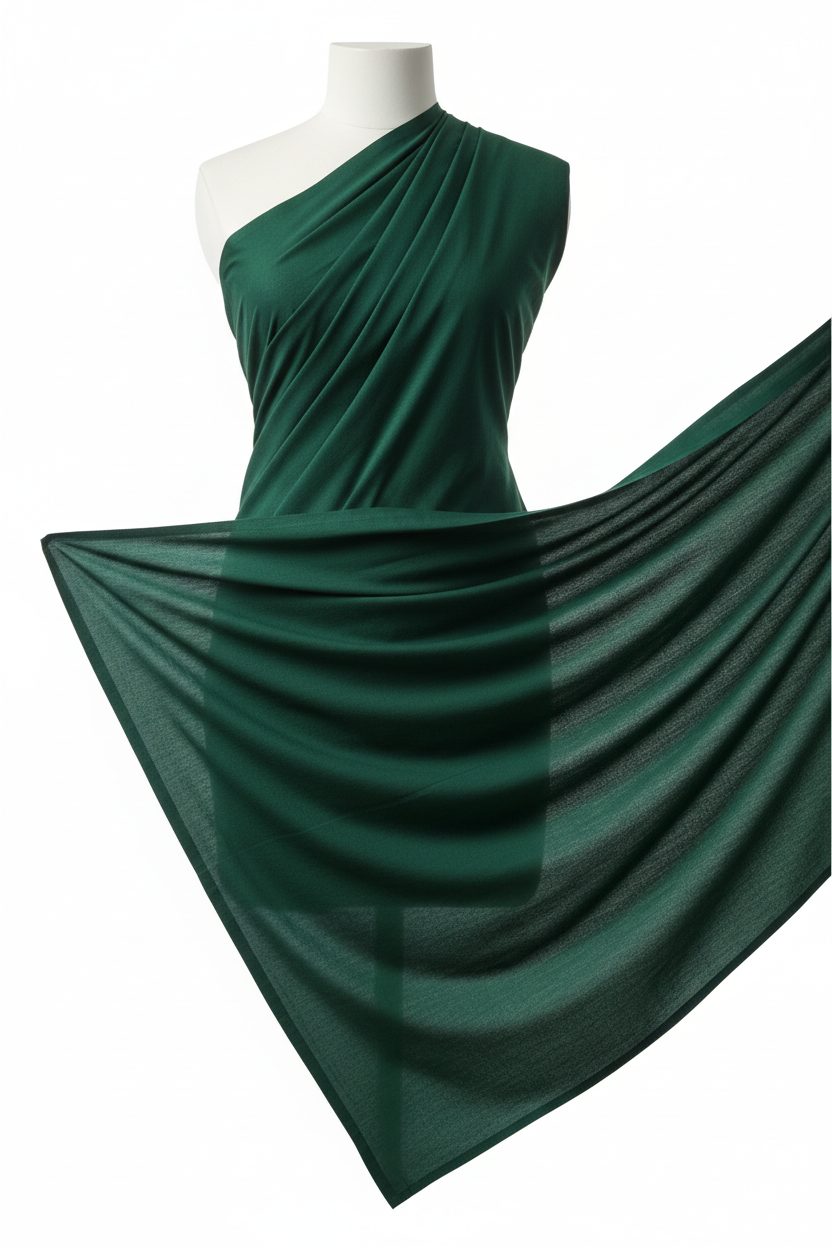 Dark Green Cotton Cambric Fabric draped on mannequin showing fabric flow and soft drape