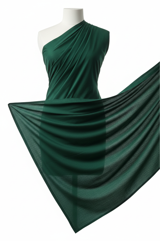 Dark Green Cotton Cambric Fabric draped on mannequin showing fabric flow and soft drape