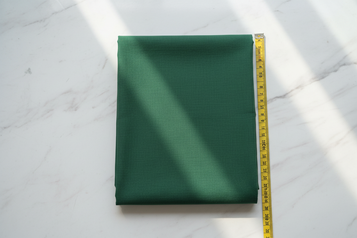 Flat lay of Dark Green Cotton Cambric Fabric with measuring tape showing 44 inch width