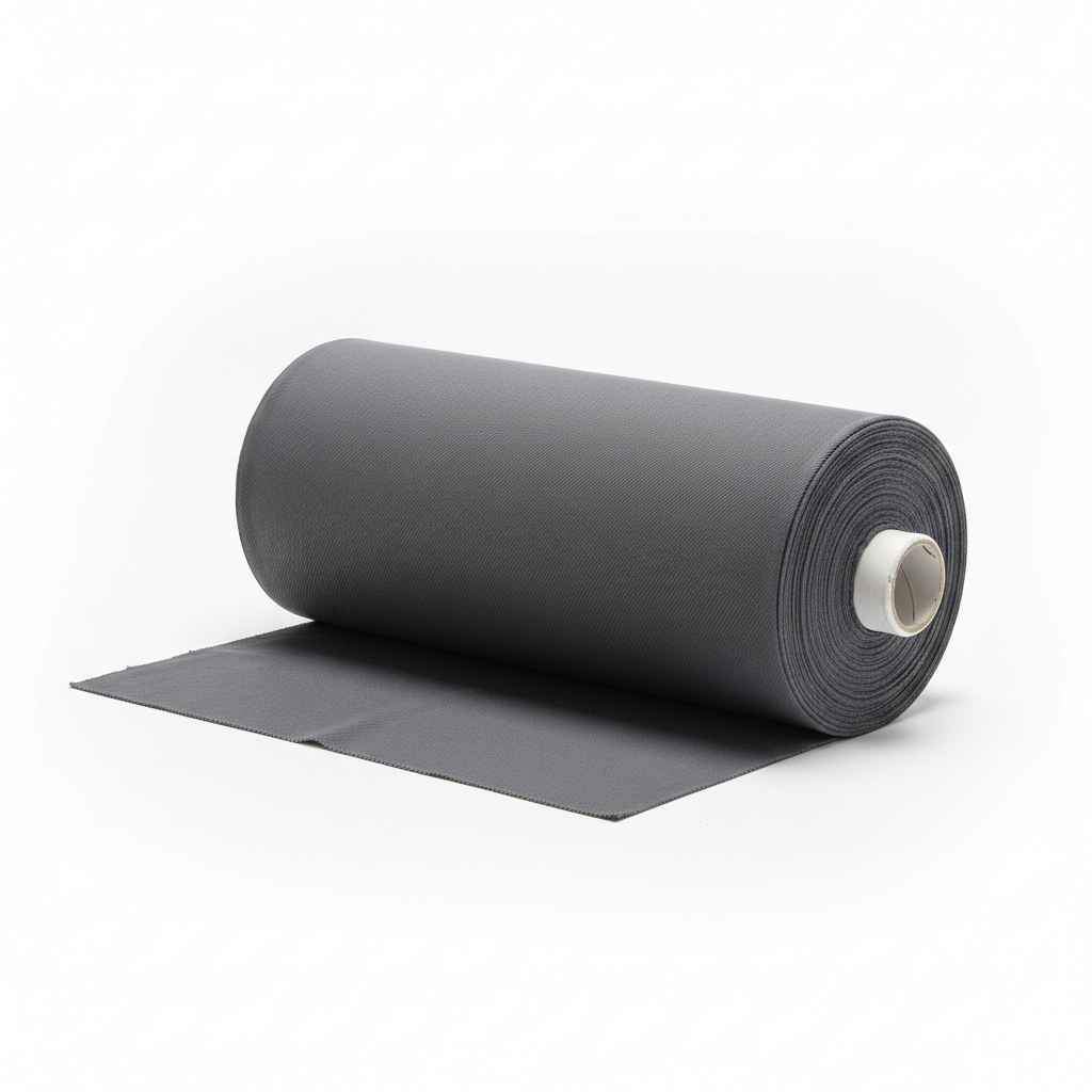 Charcoal grey jam cotton fabric rolled as professional thaan bolt with unrolled section displaying ribbed texture