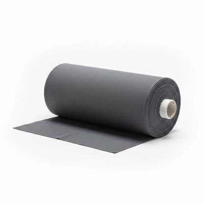 Charcoal grey jam cotton fabric rolled as professional thaan bolt with unrolled section displaying ribbed texture