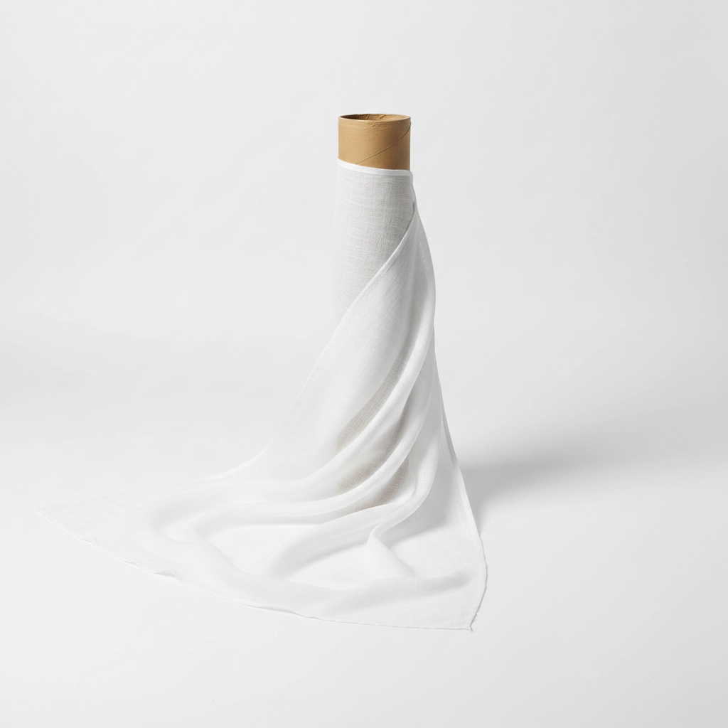 White cotton voile fabric rolled as 20-metre thaan bolt with partially unrolled section displaying sheer fabric face
