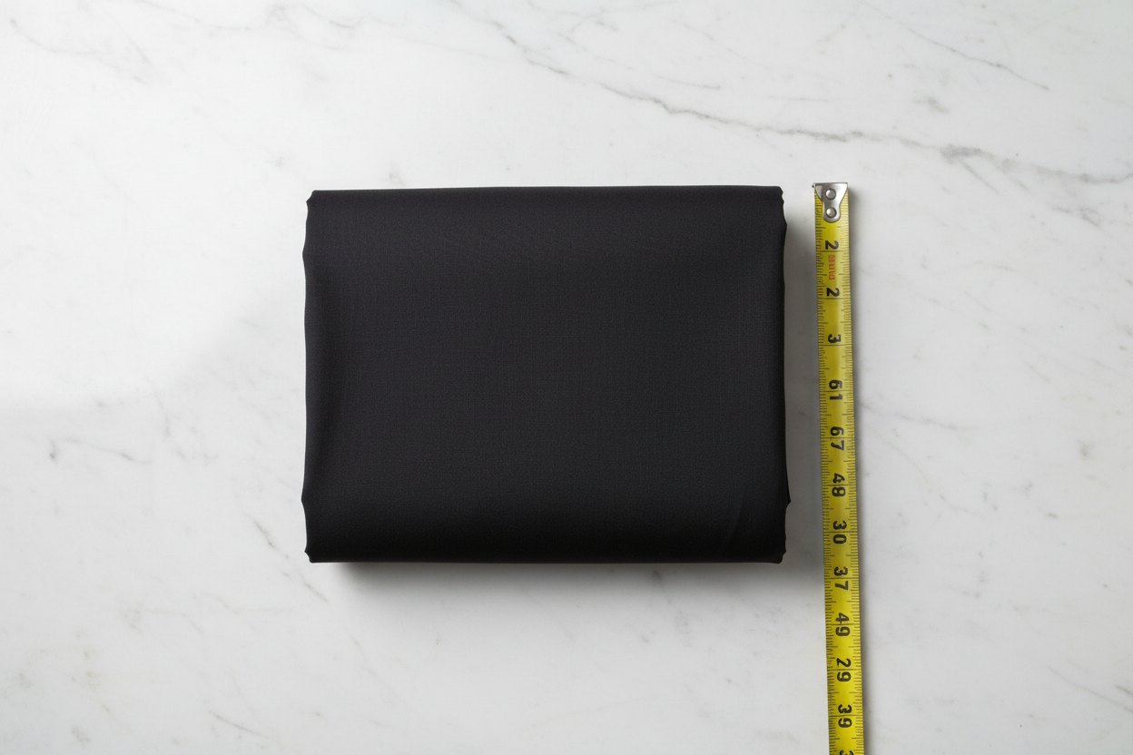 Flat lay of Black Cotton Poplin Lycra Fabric with measuring tape showing 44 inch width