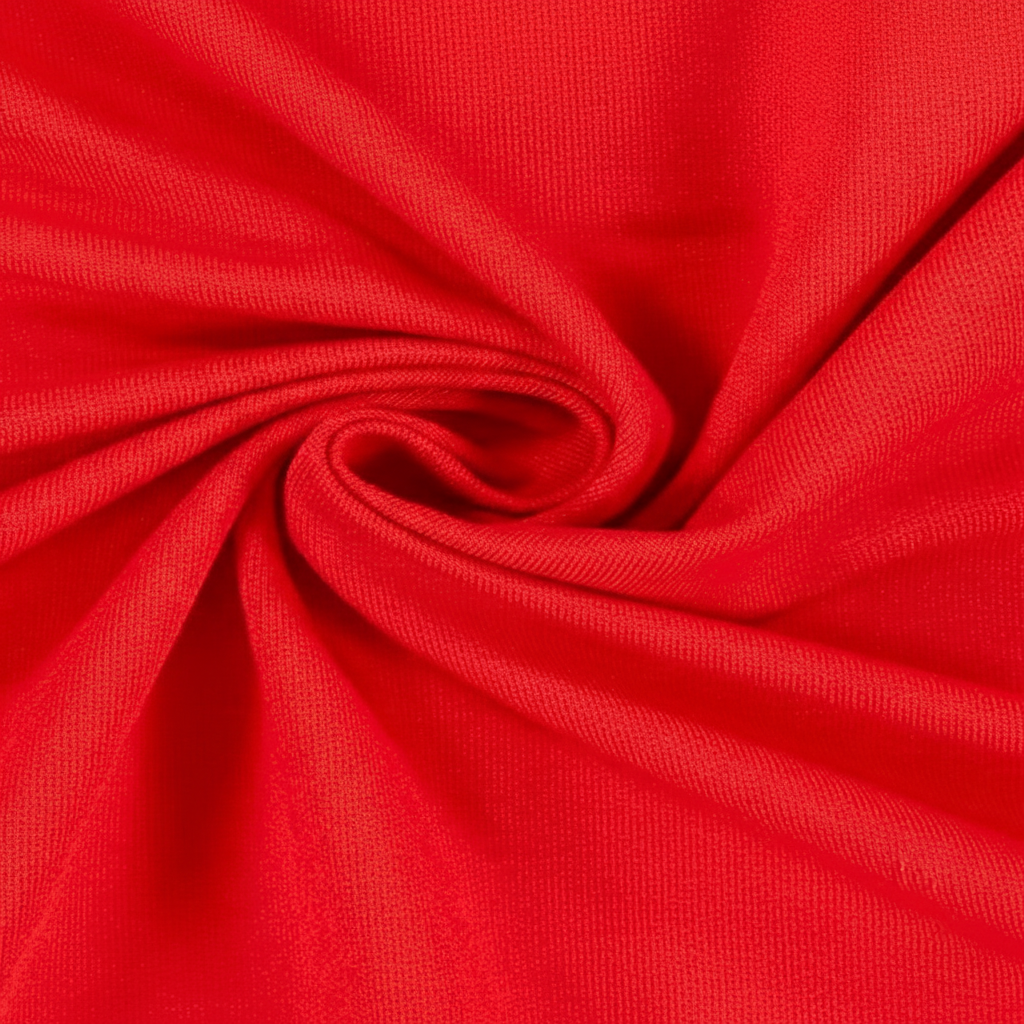 Extreme macro close-up of bright red jam cotton fabric showing ribbed twill weave structure and thread detail