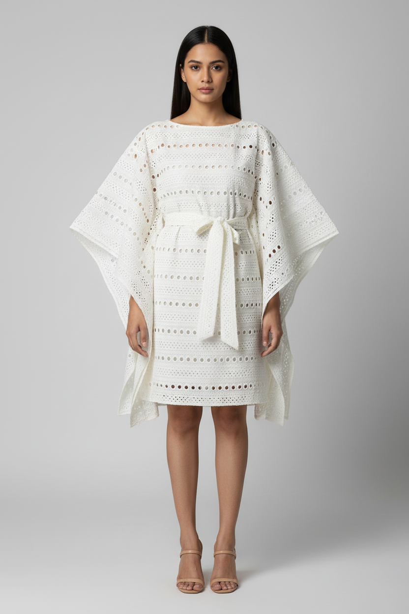 Kora Cutwork Stripes Chikankari Kaftan Dress - Front View