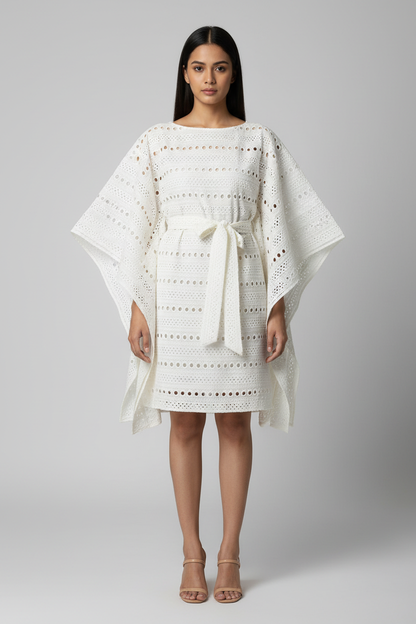 Kora Cutwork Stripes Chikankari Kaftan Dress - Front View