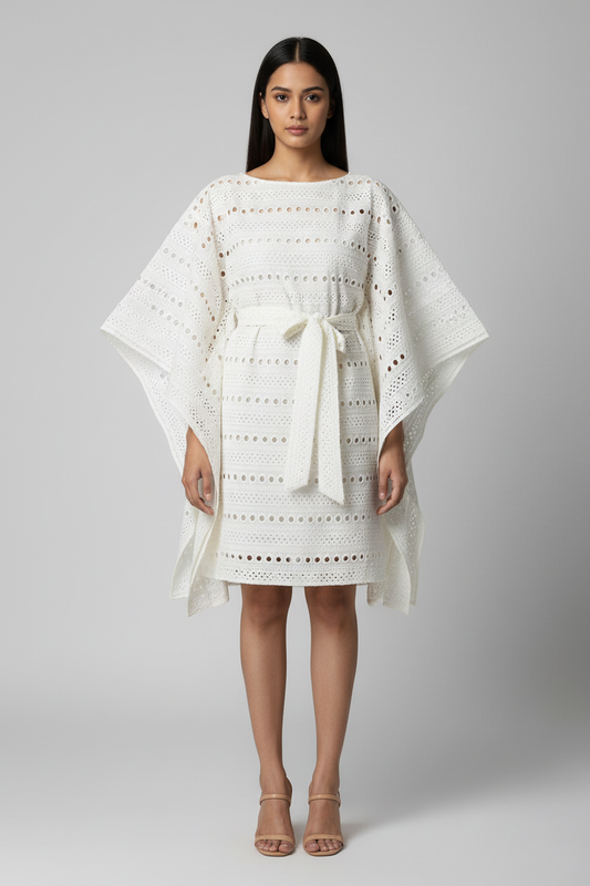 Kora Cutwork Stripes Chikankari Kaftan Dress - Front View
