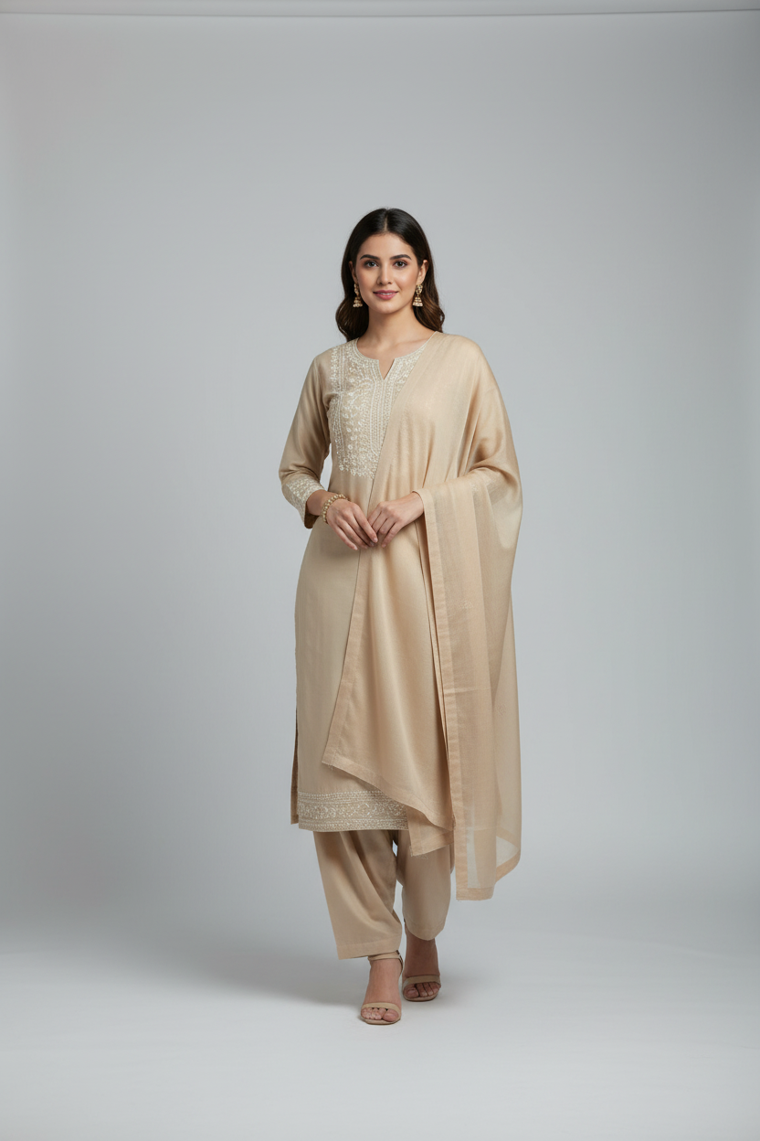 Indian woman wearing elegant beige kurti made from Siyani Cotton Cambric Fabric