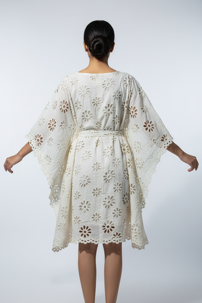 Kora Plain Floral Schiffli Kaftan Dress - Back View