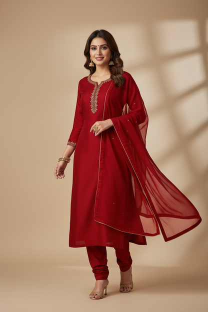 Indian woman wearing elegant red kurti made from Siyani Cotton Poplin Fabric