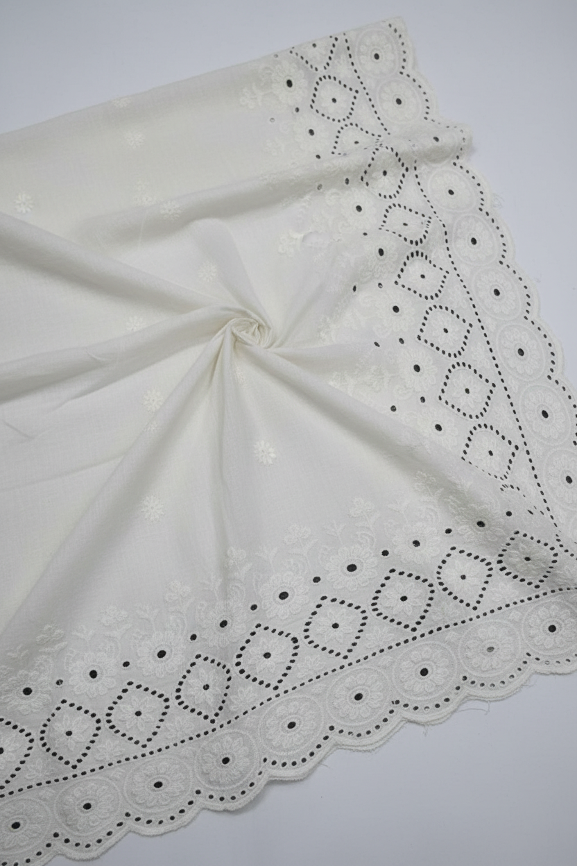 Kora Cotton Dyeable Floral Border Chikankari Embroidered Fabric – Layered Fold